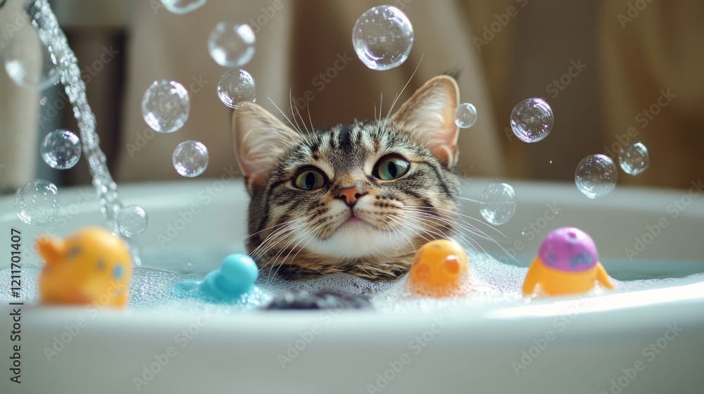 Poster a delightful image of a cat playing with bubbles in a bathtub, surrounded by floating toys, showcasi