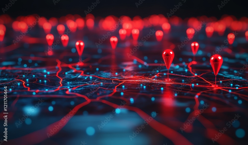 Poster red location markers on a digital map with glowing lines.