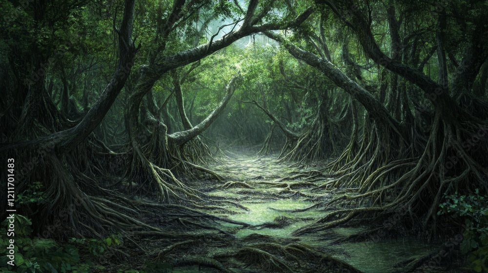Aufkleber A dense mangrove forest with intertwined roots and branches, creating a natural habitat for various wildlife, showcasing the rich biodiversity of the area