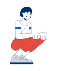 Asian woman squatting in relaxed pose 2D cartoon character. Casual dressed korean female adult crouching in comfortable pose isolated person flat vector on white background. Spot illustration colorful