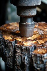 Industrial machine drilling wood grain.
