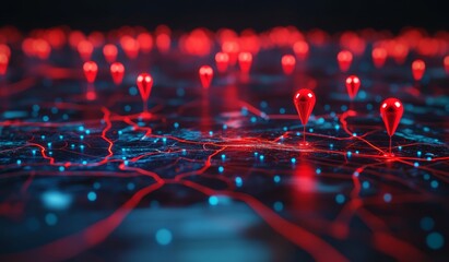 Red location markers on a digital map with glowing lines.