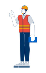 Construction worker giving thumb up with clipboard 2D cartoon character. Caucasian man wearing safety vest and hardhat isolated person flat vector on white background. Spot illustration colorful