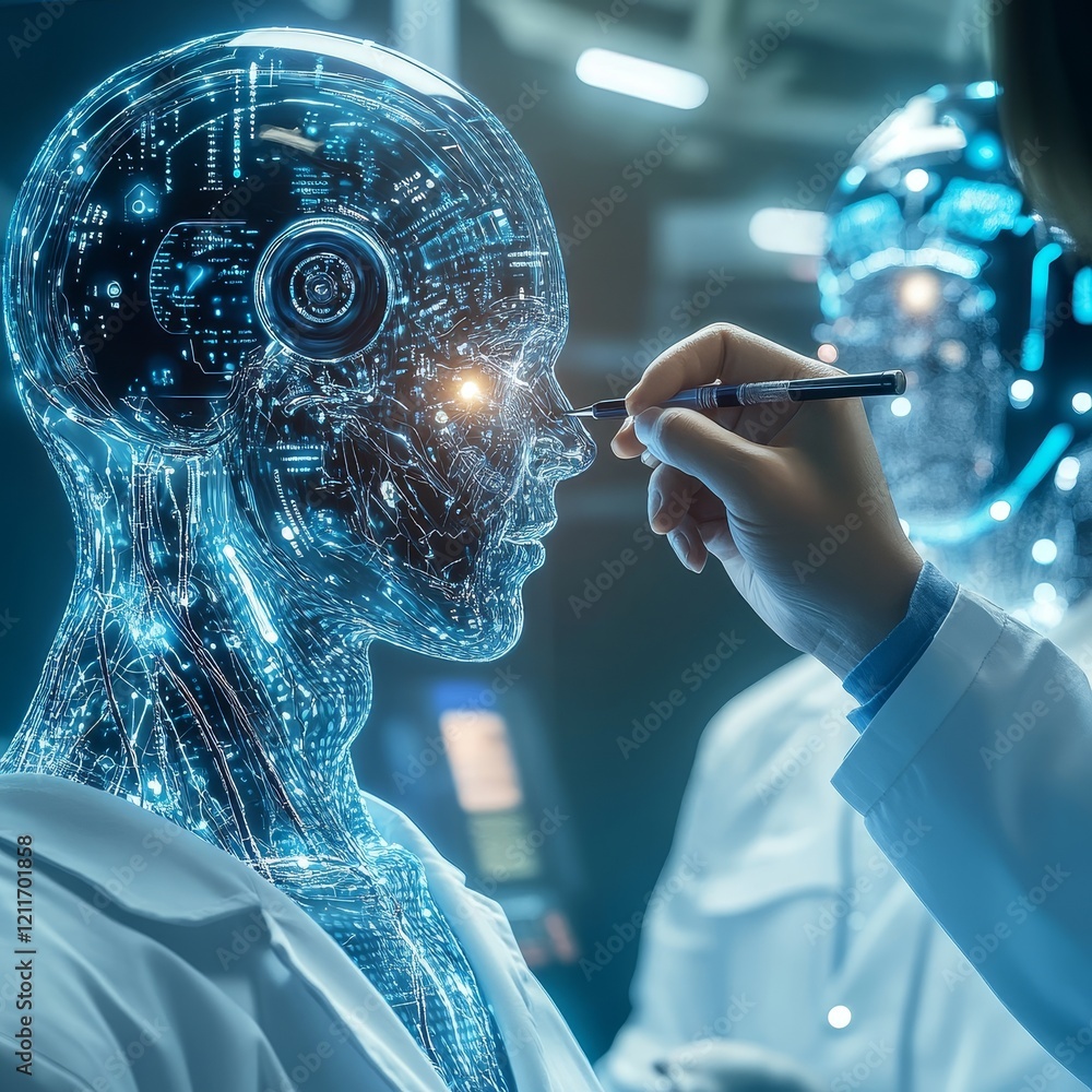 Poster scientists developing ai, programming a translucent robotic head.
