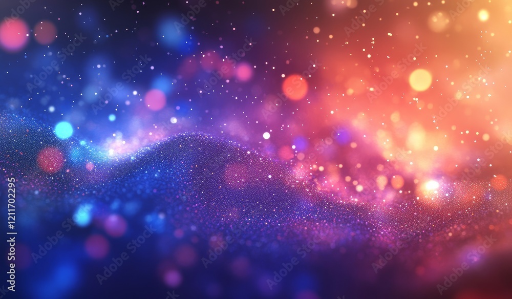Poster abstract colorful bokeh background with glowing particles and wave.