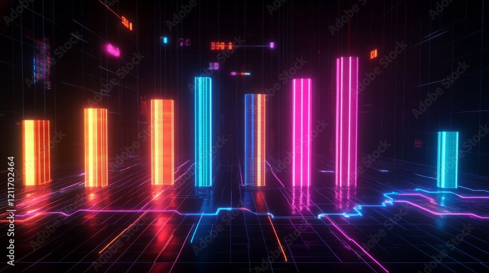 Poster a dynamic d bar graph with glowing neon bars, showing data comparison in a high-tech setting with gr