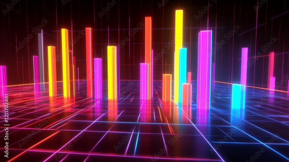 Poster A dynamic D bar graph with glowing neon bars, showing data comparison in a high-tech setting with grid lines and axis markers.
