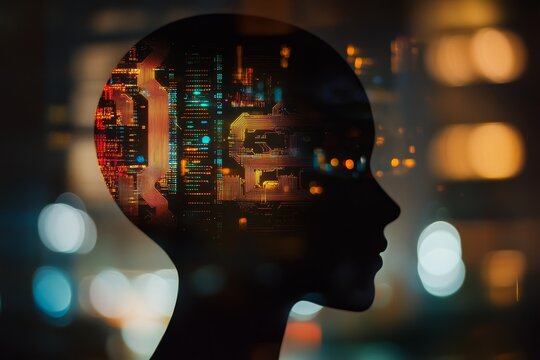 AI, digital brain, futuristic head silhouette with circuit board inside, glowing city lights background. - Powered by Adobe