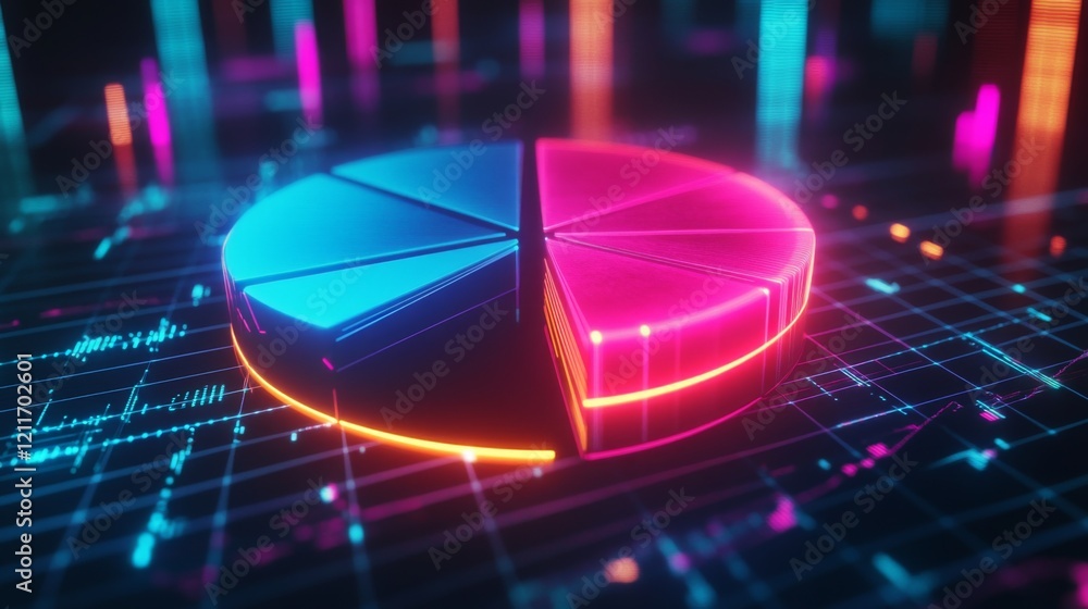 Poster a dynamic d pie chart with glowing neon-colored slices, separated to emphasize individual data point