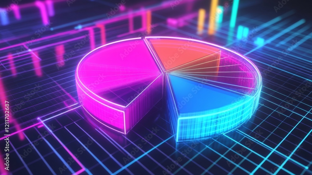 Aufkleber A dynamic D pie chart with glowing neon-colored slices, separated to emphasize individual data points, set against a digital grid background.