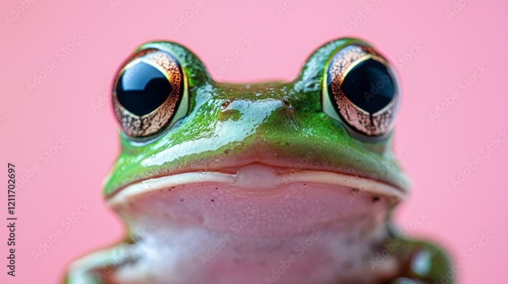 Poster an isolated frog with bright green skin shows an unmistakable mixture of surprise and anger. its lar