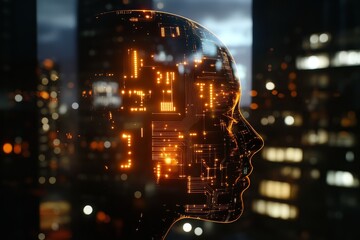 AI head profile glowing circuits against city night.