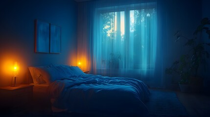 A dark bedroom with a bed and nightstand, A cozy bedroom with indigo bedding and soft lighting, creating a peaceful atmosphere, Luxurious Nighttime Bedroom With A Messy Bed,
