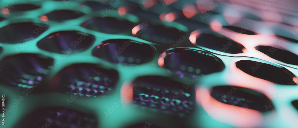 Poster Exploring the intricate design of expanded aluminum with neon accents and mesh-like texture