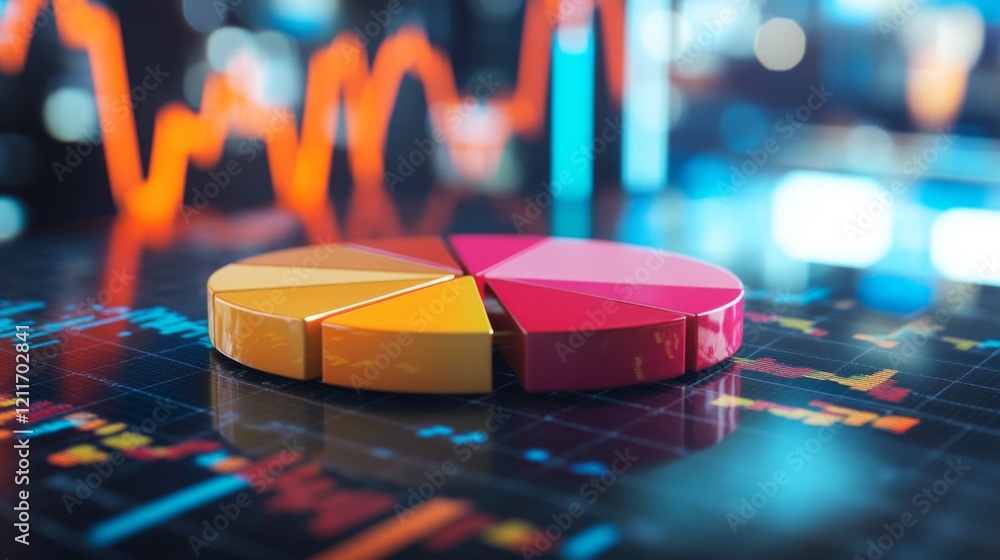 Poster A dynamic financial pie chart with bright, segmented slices showing business income allocation, overlaid on a blurred stock market graph for a high-tech feel.