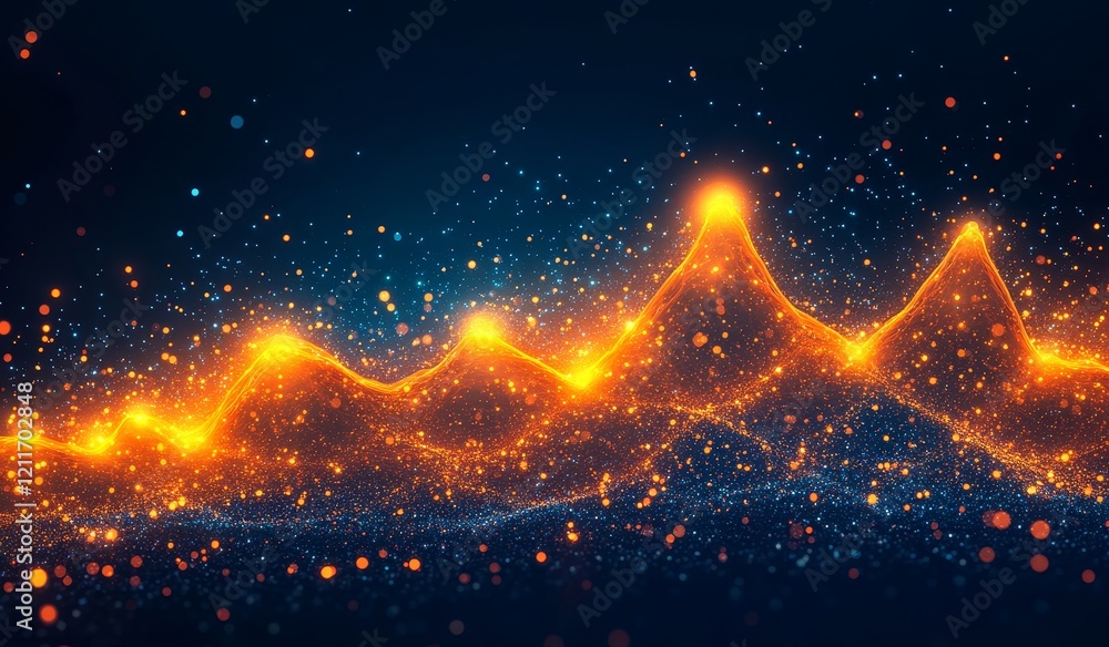 Poster abstract glowing orange and blue particles forming a wave-like graph pattern on a dark background.