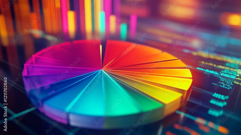 Aufkleber a dynamic financial pie chart with bright, segmented slices showing business income allocation, over