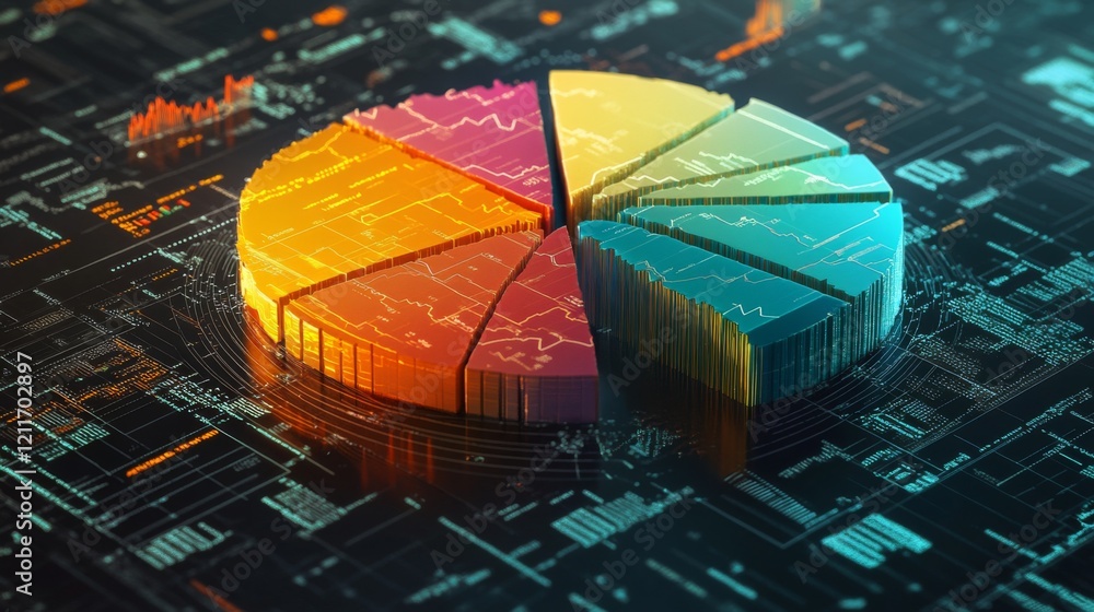 Poster a dynamic financial pie chart with segmented slices, showing investment portfolio allocation, overla