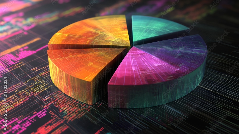 Poster a dynamic financial pie chart with segmented slices, showing investment portfolio allocation, overla
