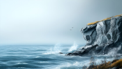 Dramatic Coastal Scene with Cliff, Waves, and Flying Bird

