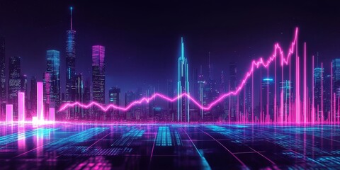 Neon cityscape with rising stock market graph.