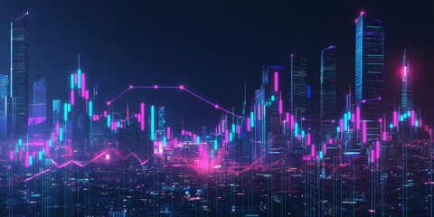 Neon cityscape with overlayed stock market candlestick chart.