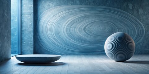 Fototapeta premium Serene Minimalist Interior Design with Circular Abstract Wall Art and Sculptural Elements