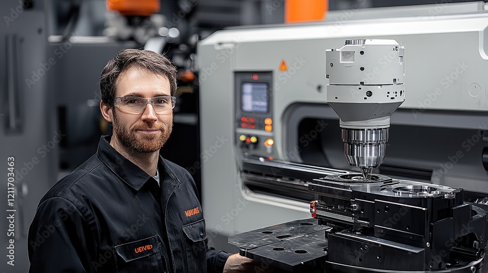 Poster a cnc programmer working inside a manufacturing plant.