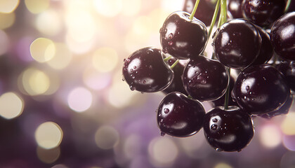 Close-Up of Cherries with Purple and Pink Bokeh Background

