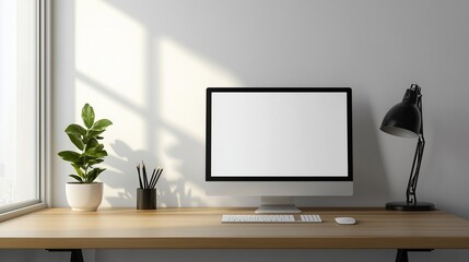 Desktop with computer, plant, and lamp in natural light
