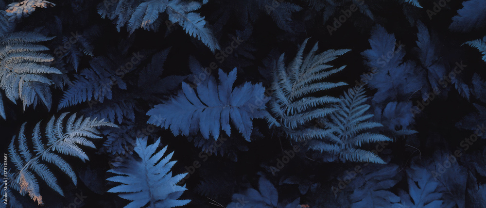 Fototapete intricate fern fronds display delicate textures and patterns in deep hues of blue