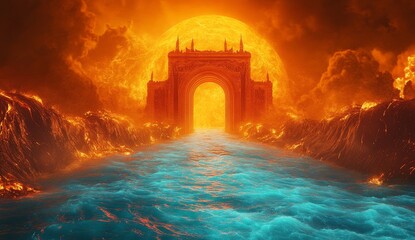 Fiery gateway arch over lava river leads to hellish sunset.