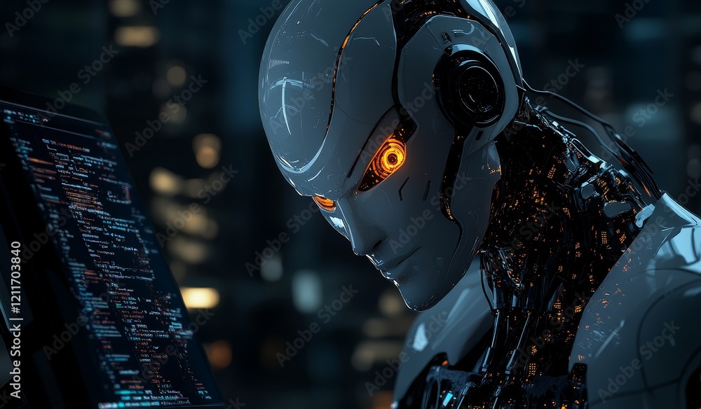 Poster advanced humanoid robot intensely focused on computer code at night.