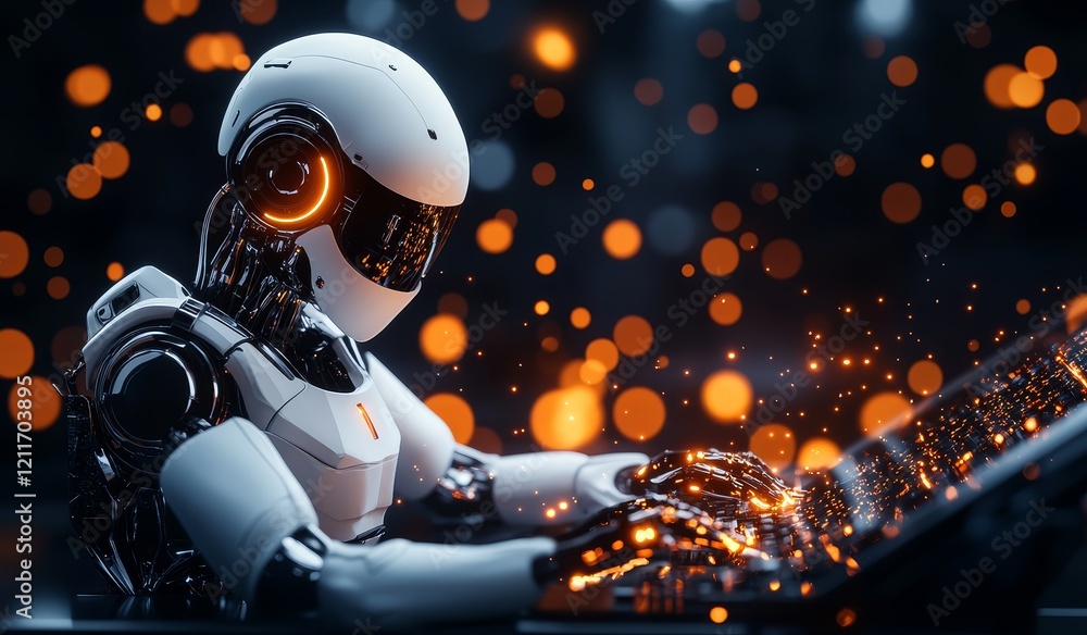 Poster futuristic robot using a laptop with glowing particles.