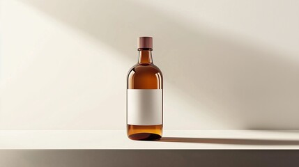 Fototapeta premium Amber glass bottle with blank label on beige surface
