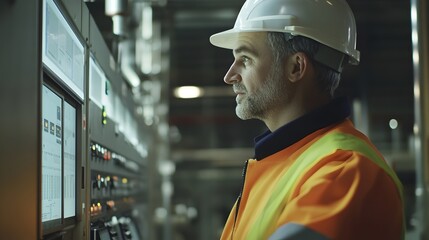 Focused Industrial Worker Monitoring Control Panel Screens Advanced Technology Factory Setting Serious Male Engineer Hard Hat Safety Equipment Orange 