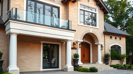 Fototapeta premium Luxury House Exterior: Modern Brick Home with Elegant Design and Landscaping