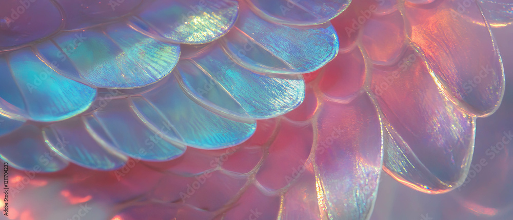 Poster exploring the beauty of fish scales with iridescent sheen and intricate patterns