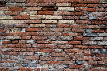 Rustic red brick wall with textured surfaces