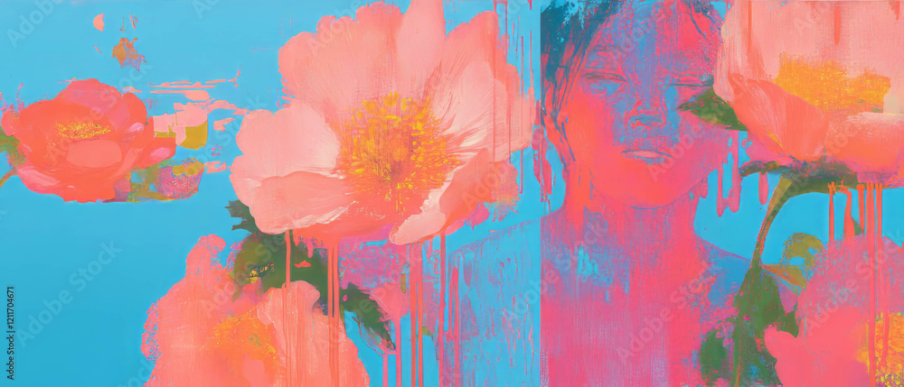 Poster Bright flowers and simple shapes create a vibrant abstract artwork rendering emotions and colors