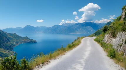Breathtaking Coastal Views from a Winding Road Beside the Azure Waters of a Majestic Lake. Travel, Adventure, Scenery Concept