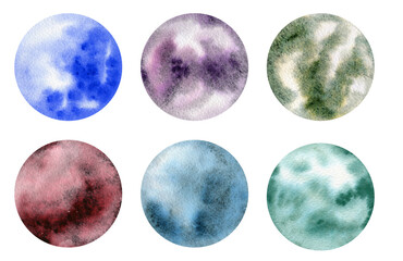 Beautiful watercolor granulating color spots. Multi-colored spots in circles isolated on a white background. Watercolor blots.