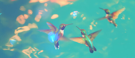 Fluttering hummingbirds showcase iridescent feathers and swift movements in natural habitat