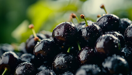 Close-Up of Dark Glossy Berries with Leaves

