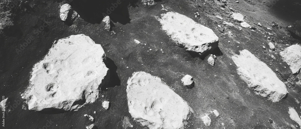 Poster unique patterns and varied sizes of footprints on rocky terrain