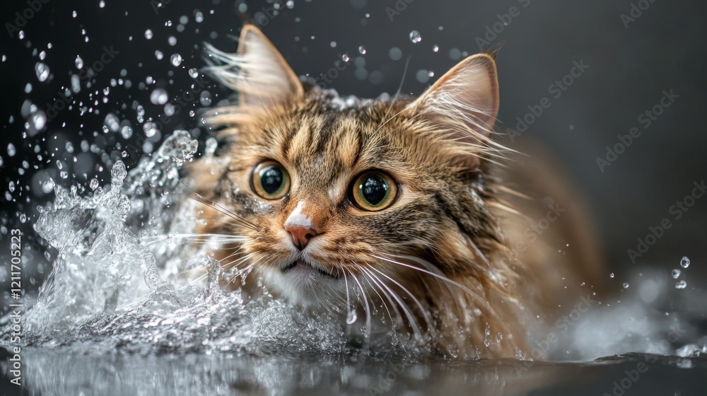 Poster A dynamic photo of a cat splashing water playfully while trying to escape the bath, emphasizing the amusing antics of pets during their grooming sessions.