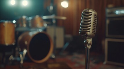 A dynamic shot of a modern condenser microphone on a sleek black stand, set against a blurred background of music studio equipment, emphasizing audio quality