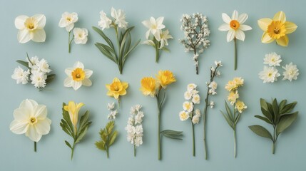 Obraz premium Collection of white and yellow daffodils and blossoms on light blue background