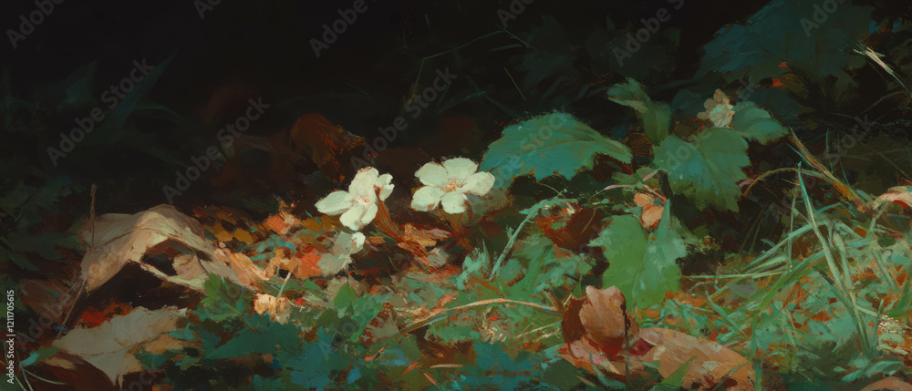 Poster exploring the rich texture of a forest floor covered with decaying leaves and vibrant greenery