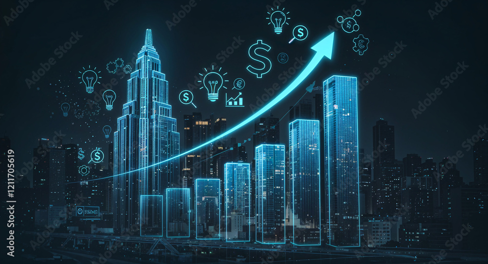 Poster financial chart model with arrow on building background . generative ai